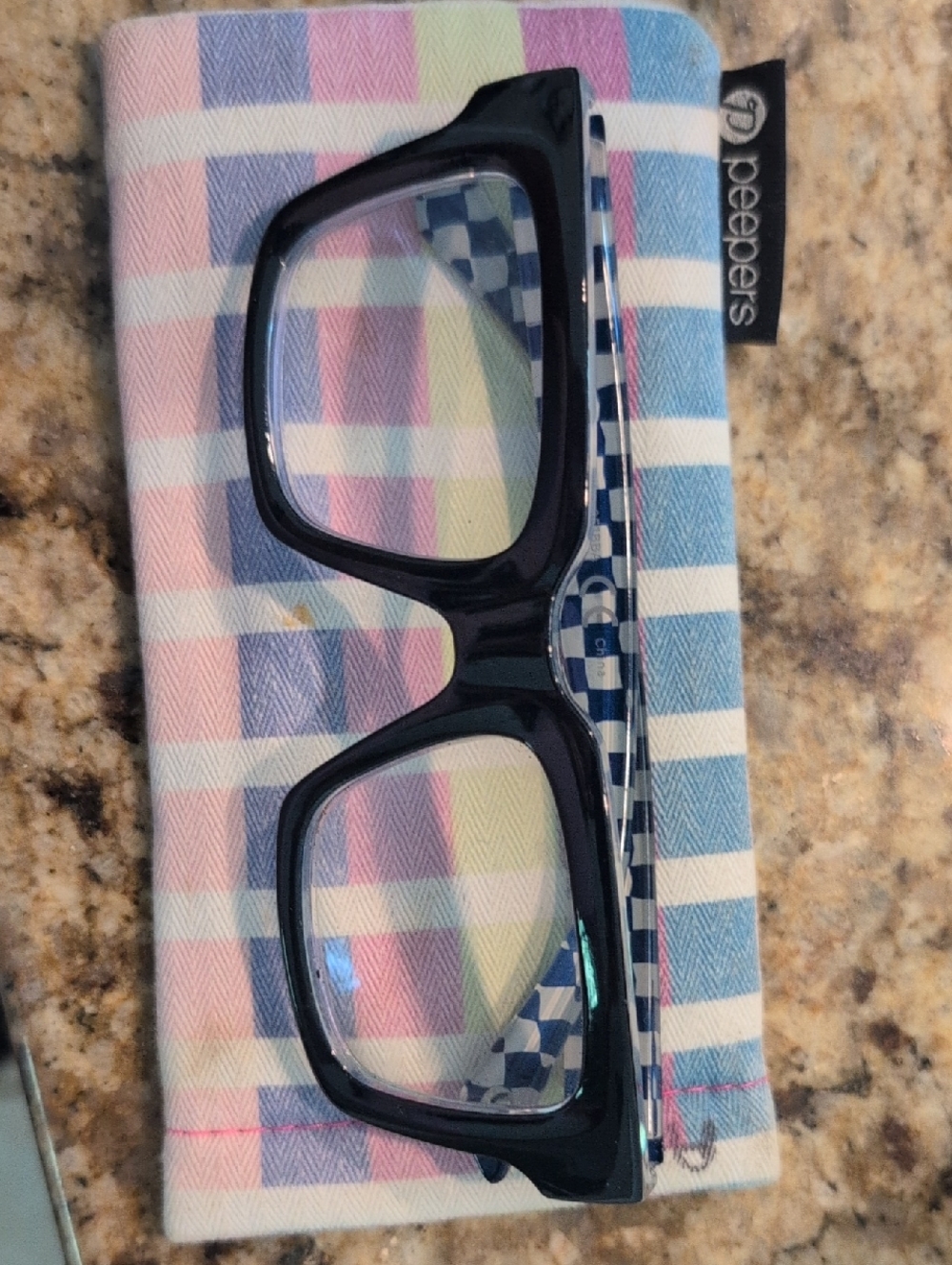 Women Navy Blue Checkerframe Reading Glasses with Pastel Plaid Sleeve +1.75